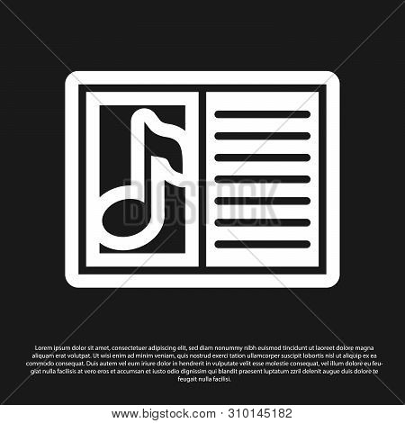 Black Music Book With Note Icon Isolated On Black Background. Music Sheet With Note Stave. Notebook 
