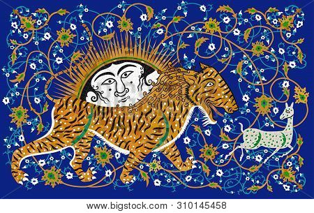 Pattern In The Eastern Style Frames The Tiger And Gasel. The Illustration Is Baset On The Old Mosaic