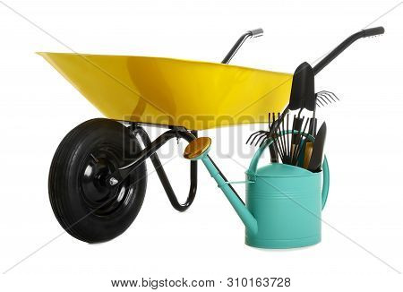 Wheelbarrow With Gardening Tools Isolated On White