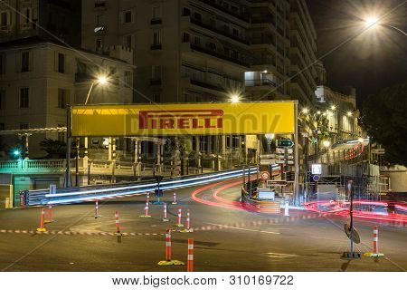 Monaco-ville, Monaco - June 2, 2019: Pirelli Logo And Sign On The Street In Monaco At Night.