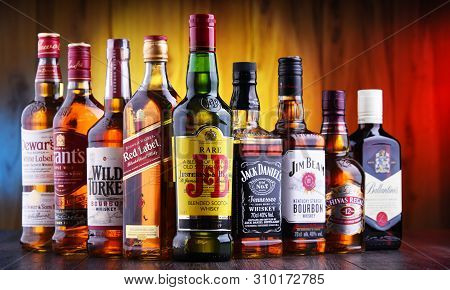 Bottles Of Several Global Whiskey Brands