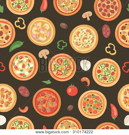 Pizza House With Ingredients And Different Types Seamless Pattern Vector Illustration. Premium Pie W