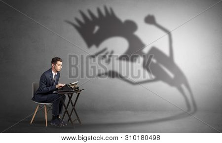 Man working hard and he is afraid of a yelling shadow