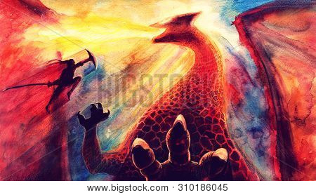 Painting Fantasy Watercolor Landscape With Dragon And Japanese Samurai Bsttle, Hand Drawn Fantasy Ar