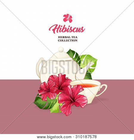 Tea Card With Hawaiian Hibiscus Red Fragrance Flower. Bright Green Leaves Vector Patterned Backdrop 