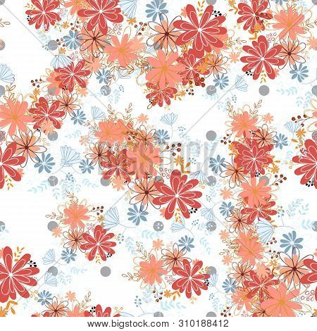 Seamless Pattern Clear Shaped Flowers Mixed Bouguet. Simple Flowers In Bouguets
