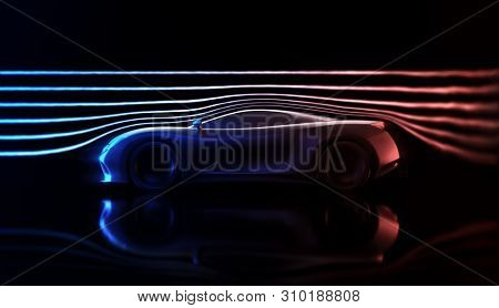 Sports Car Concept Made In 3d Software. Concept Image Of Prototype And Aerodynamic Tests. 3d Illustr