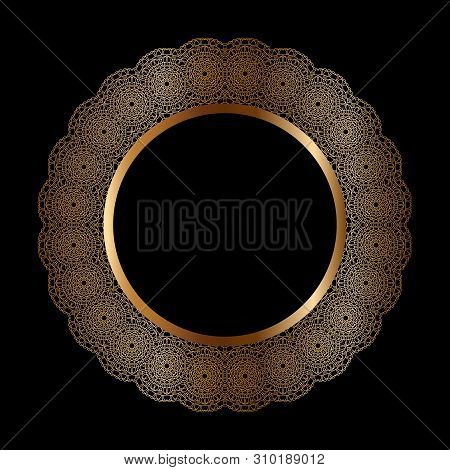 Golden Frame With Ornament In Circle On Black Background. Luxury Gold Mandala, Hand Draw Design. Ara