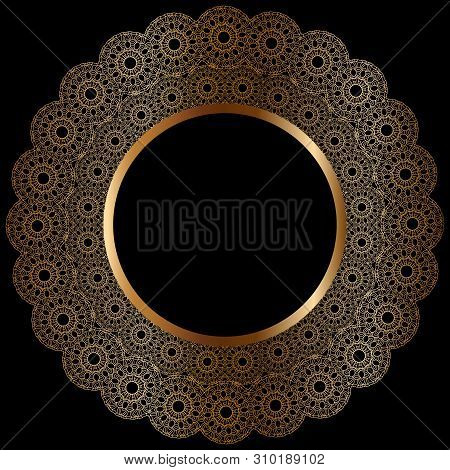 Golden Frame With Ornament In Circle On Black Background. Luxury Gold Mandala, Hand Draw Design. Ara