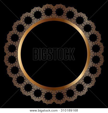 Golden Frame With Ornament In Circle On Black Background. Luxury Gold Mandala, Hand Draw Design. Ara