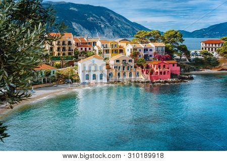 Summer Vacation In Greece, Picturesque Colorful Village Assos In Kefalonia