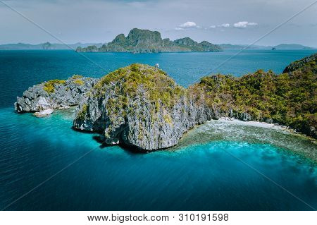 Aerial Drone Panorama Picture Of Tropical Paradise Epic Limestone Entalula Island. Miniloc Island In
