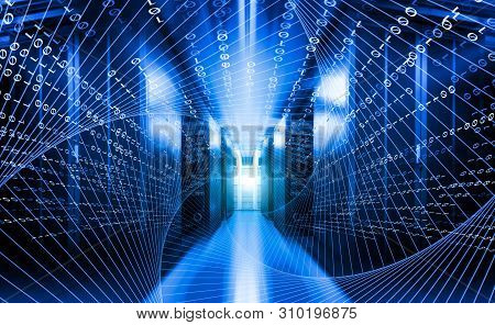 High Speed With Binary Code Numbers On Motion Blurred Path Or Track In Server Data Center, Speed And