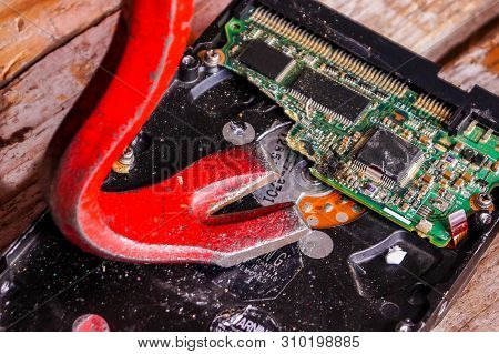 A Man Breaks A Computer Using Locksmith Tools. The Concept Of Hacking, Computer Hacking And Inept Co