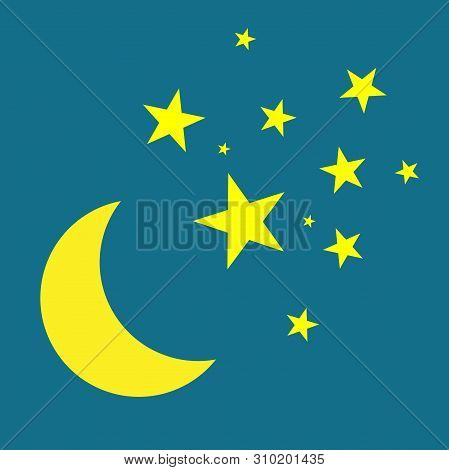 Moon And Stars Vector Icon. Yellow Stars On A Blue Night Sky
