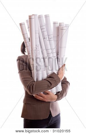 Woman holds a rolled-up drawings