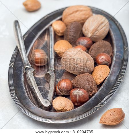 Different Kinds Of Nuts In Shell, Hazelnut, Walnut, Almond And Brazil Nuts On The Plate With Nut Cra