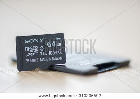 Timisoara, Romania - January 12, 2019: Close-up Of A Sony Micro Sd Card, 64gb