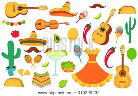 Mexican Musical Instruments, Local Food, Clothing. Big Set Of Decorative Elements For The Design Of 