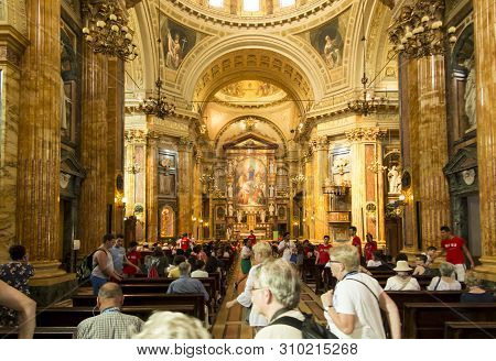 Turin, Italy, 27 June 2019: Interior Of The Sanctuary Of Mary Help Of Christians Of The Faithful In 