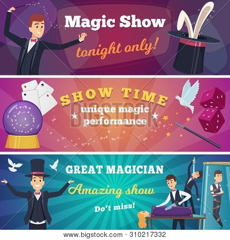 Circus Party Banners. Magic Show With Wizard Characters Circus Tricks Vector Cartoons Background. An