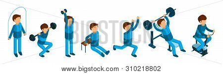 Isometric Man Doing Sport Exercises. Male Fitness And Gym Characters Isolated On White Background. D