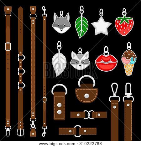 Vector Leather Belts, Pendants, Colars, Belts Elements Isolated On Black Background. Illustration Of