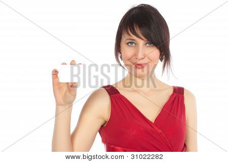 Happy caucasian woman with blank business card