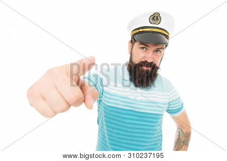 Welcome Aboard. Bearded Man Captain Of Ship. Sea Cruise. Travel Concept. Summer Vacation. Hipster Be