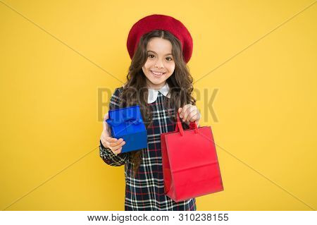 Happy Childrens Day. Fashionable Shopaholic. Kid Fashion. Happy Girl In French Beret. Child With Pre