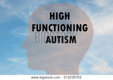 Render Illustration Of High Functioning Autism On Head Silhouette, With Cloudy Sky As A Background.