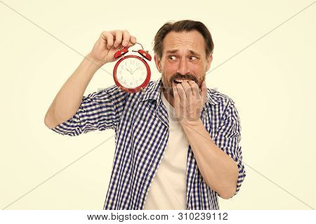 Being Late. Stressed Senior Man Worry Being Behind Time. Bearded Man With Clock And Stress On Face. 