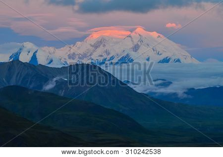 Sunrise View Of Mount Denali - Mt Mckinley Peak With Red Alpenglow From Stony Dome Overlook. Denali 