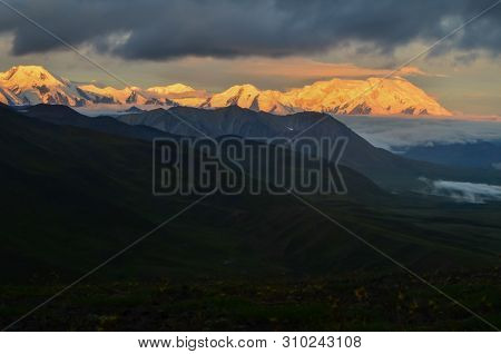 Sunrise View Of Mount Denali - Mt Mckinley Peak With Alpenglow During Golden Hour From Stony Dome Ov