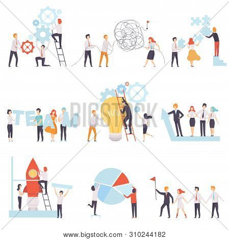 Office Colleagues Working Together Set, Business Team, Teamwork, Cooperation, Partnership Vector Ill