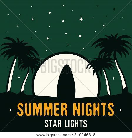 Vintage Hand Drawn Surfing And Travel Concept For Print. T-shirt. Beach With Palm Trees And Moon. Re