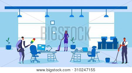 Janitors Team Working Together Cleaning Service Concept Cleaners Vacuuming Mopping And Dusting Moder