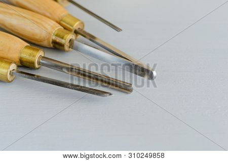 Used Wood Lathe Chisels On The Wooden Table