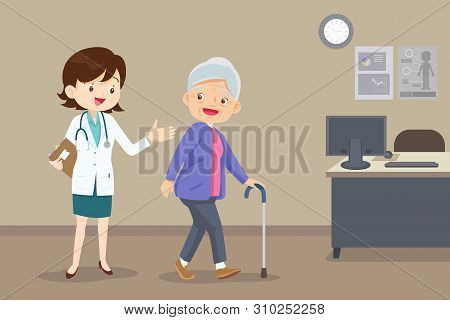 Elderly  Walking.docter Helps Her Grandmother To Go To The Walker. Caring For The Elderly.