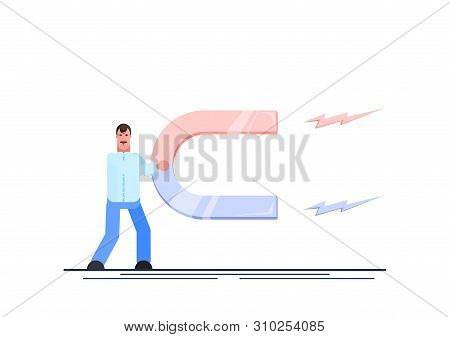 Business Man Holding A Big Magnet. Investment Attraction Concept. Effective Management. Vector Illus