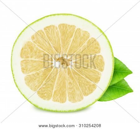 Half Of Pomelit With Leaves Isolated On White Background.