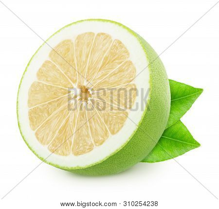 Half Of Pomelit With Leaves Isolated On White Background.