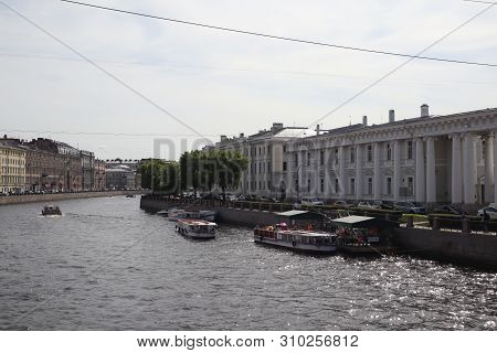 Tourist Ships On The River In The City. Cruise On A Ship In Summer Saint Petersburg, Russia. River C