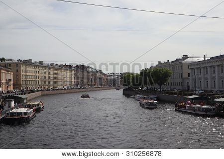 Tourist Ships On The River In The City. Cruise On A Ship In Summer Saint Petersburg, Russia. River C