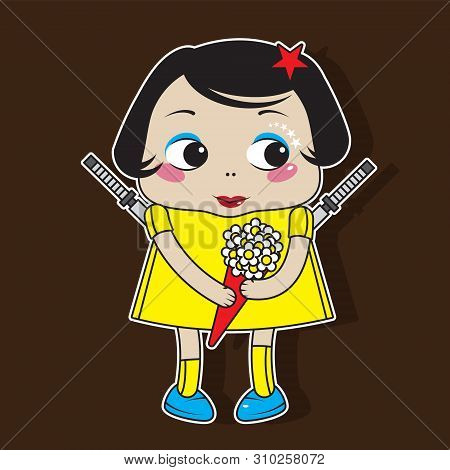Cute Girl Character With Flowers In Her Hands And Swords Behind Her Back. Sticker, Illustration For 