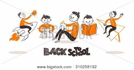 Teenager School Boys Set With Education Symvols Airplane, Rocket, Book, Notebook. Front, Rear View, 