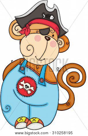 Scalable Vectorial Representing A Cute Pirate Monkey In White, Element For Design, Illustration Isol