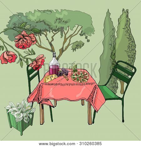Scene With Outdoor Lunch. Hand Drawn And Colored Cutout Objects. Food, Container  Plants And Furnitu