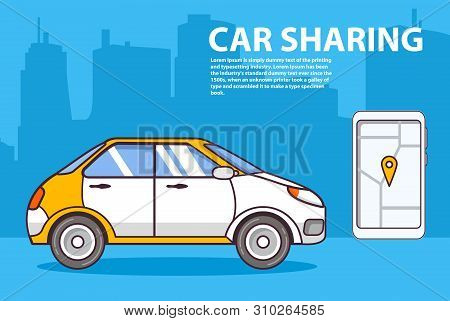 Car Sharing.concept Of Design Of A Banner For A Mobile Application Smartphone Device. Silhouette Cit