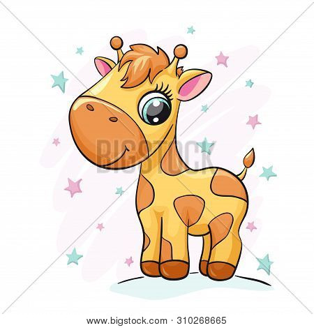 Giraffe Baby Cute Print. Sweet Tiny Zoo. Cool African Animal With Star Bsckground
